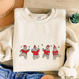 Dancing Bear Embroidered Sweatshirt, Christmas Bear Embroidered Sweatshirt For Christmas | Mazezy