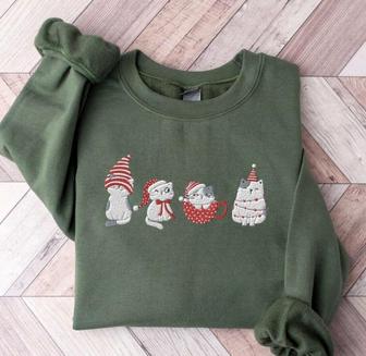 Embroidered Cat Christmas Sweatshirt, Meowy Christmas Sweatshirt, For Cat Lover | Mazezy