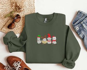 Embroidered Cat Santa Christmas Sweatshirt, Christmas Crewneck Sweater For Family | Mazezy