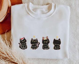 Embroidered Christmas Black Cat Sweatshirt, Meowy Christmas Shirt, For Cat Lovers | Mazezy