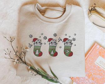 Embroidered Christmas Cat Stockings Sweatshirt, Gift For Cat Lover | Mazezy