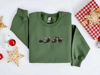 Embroidered Christmas Cat Sweatshirt, Black Cat Santa Christmas Sweatshirt For Family | Mazezy