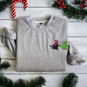 Embroidered Christmas Cat Sweatshirt, Embroidered Black Cat For Cat Lover | Mazezy