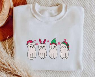 Embroidered Christmas Cat Sweatshirt, Meowy Christmas Sweater, For Cat Lovers | Mazezy