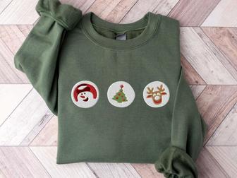Embroidered Christmas Cookies Sweatshirt, Santa Reindeer Crewneck For Christmas | Mazezy
