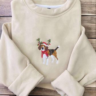 Embroidered Christmas Dog Sweatshirt, Beagle Reindeer Santa Dog Sweatshirt For Family | Mazezy