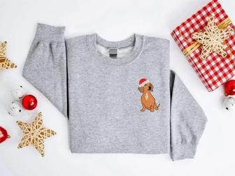 Embroidered Christmas Dog Sweatshirt, Dachshund Santa Dog Christmas Sweater For Family | Mazezy