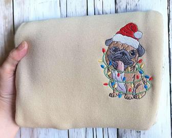 Embroidered Christmas Dog Sweatshirt, Pug Santa Dog Christmas Sweater For Family | Mazezy