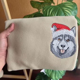 Embroidered Christmas Dog Sweatshirt Siberian Husky Christmas Sweatshirt For Family | Mazezy