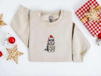 Embroidered Christmas Dog Sweatshirt, Siberian Husky Sweatshirt For Family | Mazezy