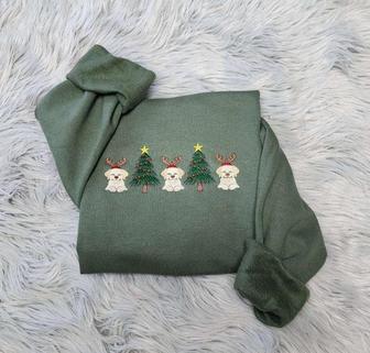 Embroidered Christmas Dogs Sweatshirt, Christmas Happy Dogs with Christmas Tree Embroidered | Mazezy