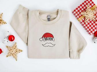 Embroidered Christmas Sweatshirt, Believe Santa Hat Mustache Sweatshirt For Family | Mazezy AU