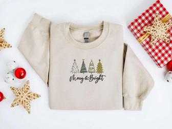 Embroidered Christmas Tree Sweatshirt, Merry and Bright Sweatshirt For Family | Mazezy