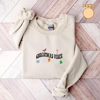 Embroidered Christmas Vibes Sweatshirt, Merry Christmas Sweatshirt For Family | Mazezy