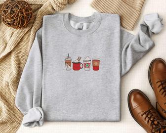 Embroidered Coffee Christmas Sweatshirt Crewneck Sweater, Gift For Christmas | Mazezy