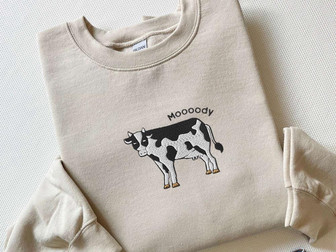 Embroidered Cow Sweatshirt, Moooody Cow Crewneck, Embroidered Cow Sweater, For Cow Lovers | Mazezy
