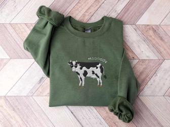 Embroidered Cow Sweatshirt, Moooody Cow Crewneck, Gift For Cow Lovers | Mazezy
