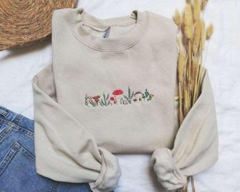 Embroidered Fall Sweatshirt,Mushroom Embroidery, Fall Crewneck, Enchanted Forest | Mazezy