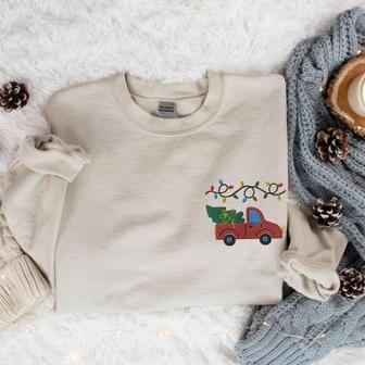 Embroidered Farm Fresh Christmas Trees Sweater, Christmas Truck Sweatshirt, Christmas Gift | Mazezy