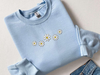 Embroidered Floral Daisy Sweatshirt, Embroidered Daisy Sweatshirt, Gift For Family | Mazezy