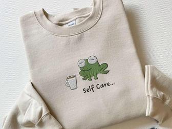 Embroidered Funny Frog Self Care Frog Sweatshirt, Best Gift For Family | Mazezy DE