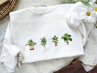 Embroidered Green Potted Plant Sweatshirt, Indoor Plant Gift For Her, Nature Lover Gift | Mazezy CA
