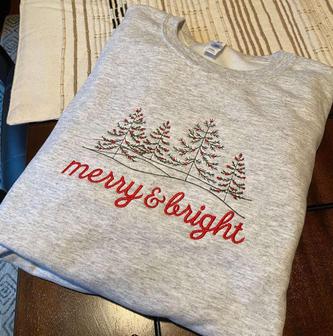 Embroidered Merry & Bright Christmas Crewneck Sweatshirt, Gift For Christmas | Mazezy