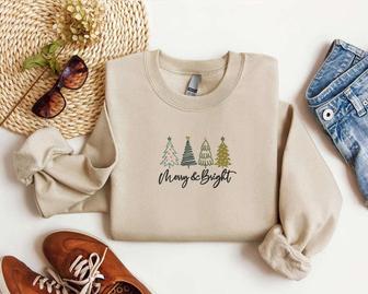 Embroidered Merry and Bright Christmas Sweatshirt, Christmas Tree Sweatshirt For Family | Mazezy