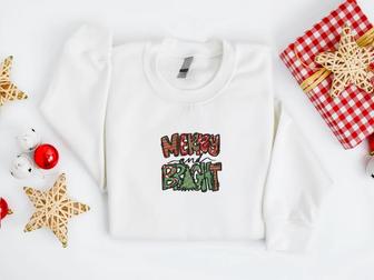 Embroidered Merry And Bright Christmas Sweatshirt For Men And Women | Mazezy