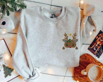 Embroidered Red Nosed Reindeer Sweatshirt, Christmas Reindeer Sweater, For Christmas | Mazezy