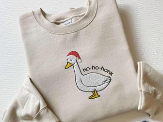 Embroidered Santa Goose Sweatshirt, Christmas Goose Sweatshirt For Family | Mazezy