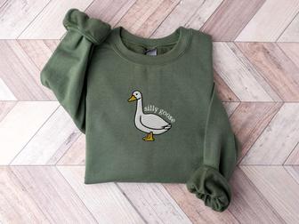 Embroidered Silly Goose Sweatshirt, Embroidered Goose Crewneck Sweatshirt For Family | Mazezy