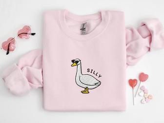 Embroidered Silly Goose Sweatshirt, Goose Sunglasses Crewneck Sweatshirt For Family | Mazezy