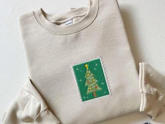 Embroidered Vintage Christmas Tree Stamp Sweatshirt, Gift For Christmas | Mazezy