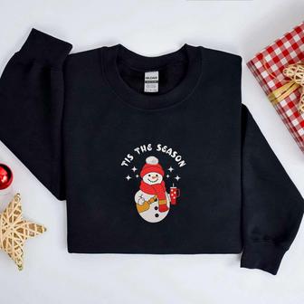 Embroidery Cute Snowman Sweatshirt, Christmas Embroidery Sweatshirt, For Family | Mazezy