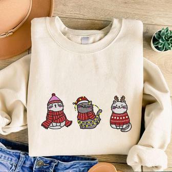 Meowy Christmas Embroidered Sweatshirt, Cute Cats Embroidered Sweatshirt For Christmas | Mazezy