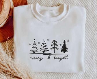 Merry & Bright Christmas Trees Sweatshirt, Christmas Sweatshirt For Womens | Mazezy