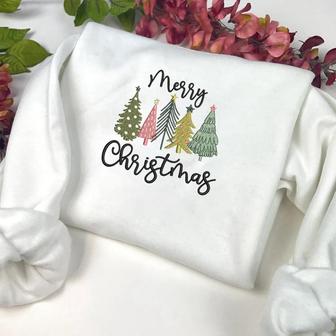 Merry Christmas Trees Machine Embroidery Sweatshirt, Best Gift For Christmas | Mazezy