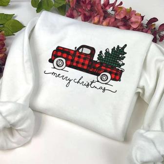 Merry Christmas Truck Embroidery Sweatshirt, Xmas Truck With Tree Dst Sweatshirt For Family | Mazezy