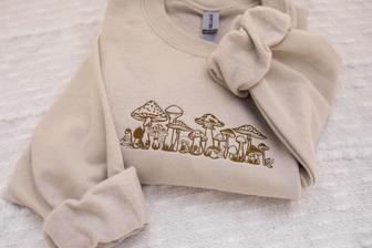 Mushroom Embroidered Crewneck Sweatshirt, Mushroom Embroidery Design For Family | Mazezy