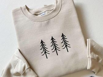 Pine Tree Trio Embroidered Crewneck Sweatshirt, Christmas Embroidery Sweater For Family | Mazezy