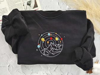 Planets And Mountain Embroidered Sweatshirt Crewneck Sweatshirt Best Gift For Family | Mazezy