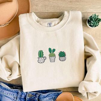 Potted Cuctus Embroidered Sweatshirt Crewneck Sweatshirt, For Men And Women | Mazezy