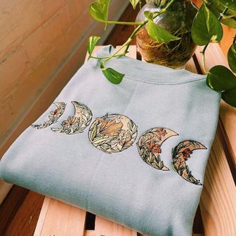 Sage Floral Moon Phase Embroidered Sweatshirt Crewneck Sweatshirt For Family | Mazezy