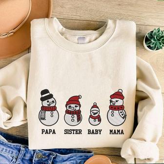 Snowman Christmas Embroidered Sweatshirt, Personalized Embroidered Sweatshirt For Family | Mazezy