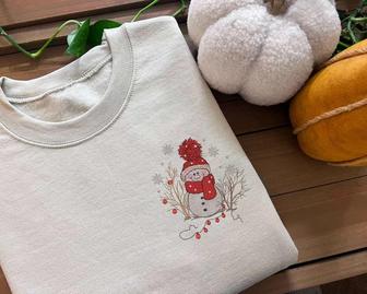 Snowman Machine Embroidery Shirt, Holiday Embroidery Sweater For Christmas | Mazezy