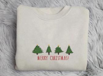 Tree Christmas Embroidery Sweatshirt, Embroidery Crewneck Sweatshirt For Family | Mazezy