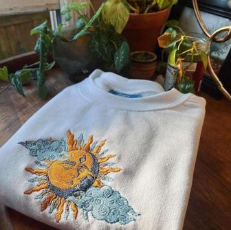 White Sun & Moon Embroidered Sweatshirt Crewneck Sweatshirt Best Gift For Family | Mazezy