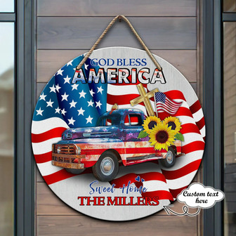 God Bless America Custom Name Round Wood Sign - Thegiftio