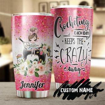 Custom Gift For Her Crocheting Each Day Keeps The Crazy Away Personalized Tumbler 20oz Knitting Tumbler Special Birthday Gift Present For Crocheter - Thegiftio UK